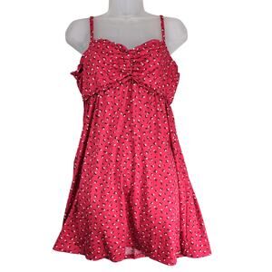 Lily Rose Red White Floral Y2K Babydoll Mini Dress Sz L Spaghetti Straps Ruffle‎